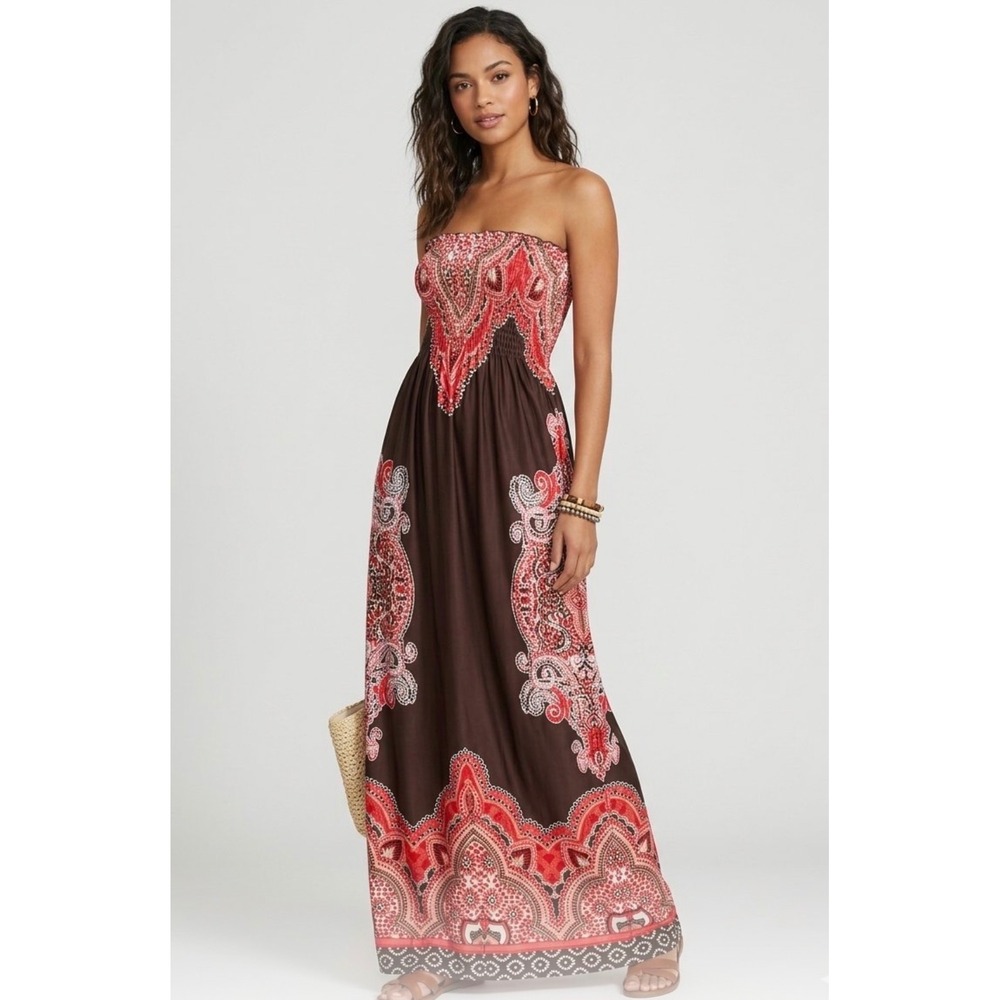 Bongo Womens Brown Red Paisley Smocked Strapless Maxi Dress Size M